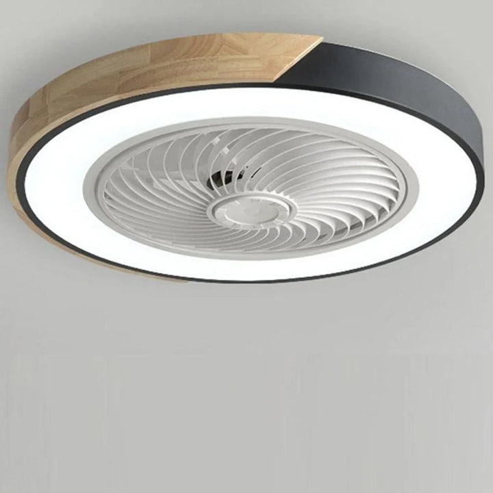 Okrągła lampa sufitowa LED z wentylatorem i wykończeniem drewnianym