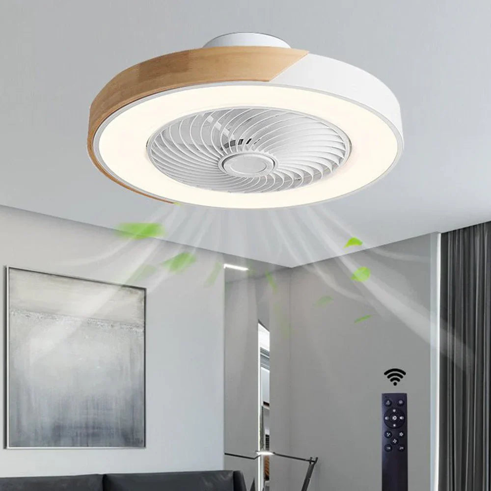 Okrągła lampa sufitowa LED z wentylatorem i wykończeniem drewnianym