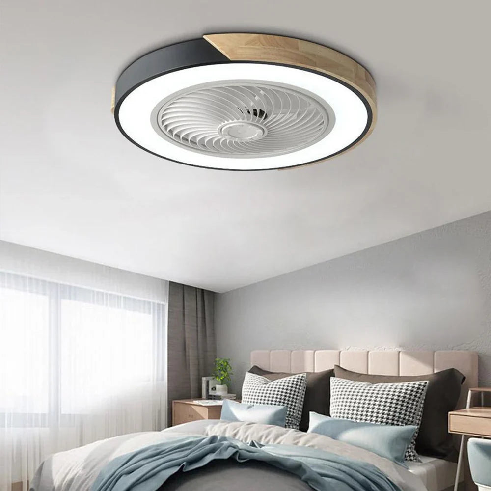Okrągła lampa sufitowa LED z wentylatorem i wykończeniem drewnianym