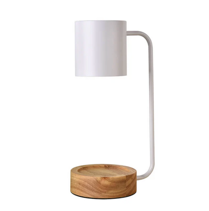 Lampa do podgrzewania świec z drewnianą podstawą i metalowym abażurem