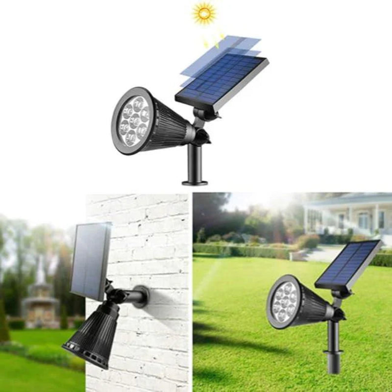Solarna lampa ogrodowa LED reflektor na trzpieniu z automatycznym ładowaniem i obrotową głowicą