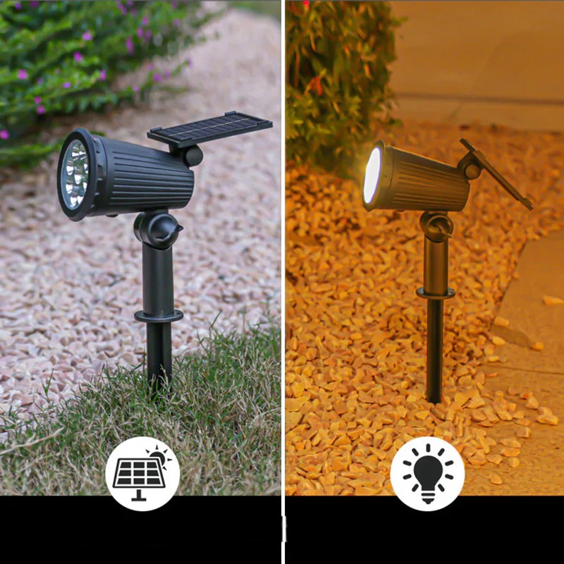 Solarna lampa ogrodowa LED reflektor na trzpieniu z automatycznym ładowaniem i obrotową głowicą
