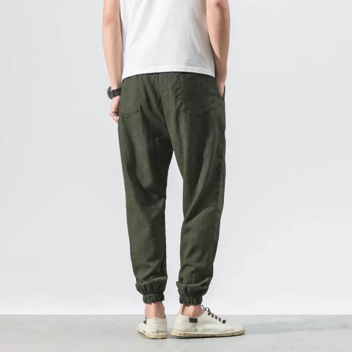 Spodnie joggery męskie z lnu i bawełny – ze ściągaczem, luźne, na lato