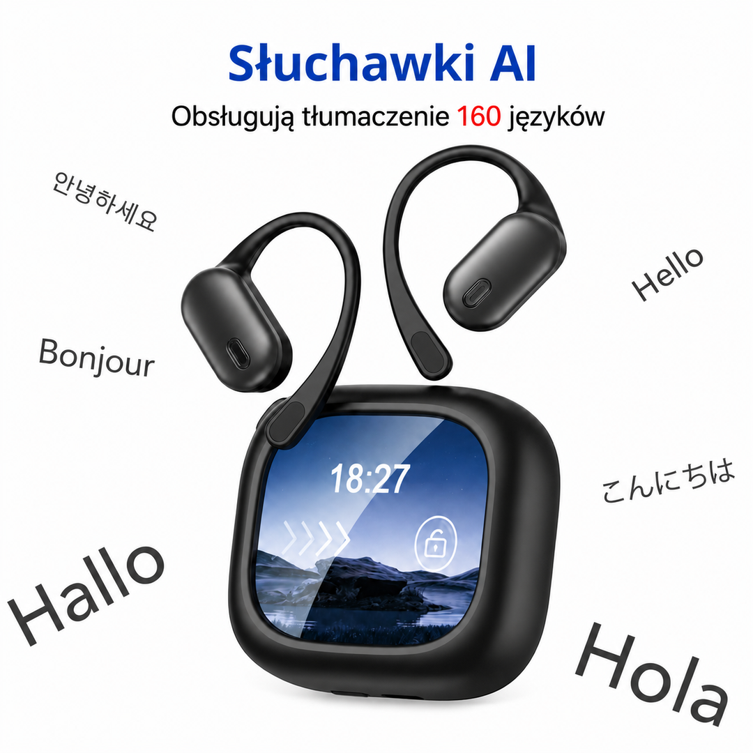 Słuchawki bezprzewodowe z tłumaczem AI i etui z ekranem LCD
