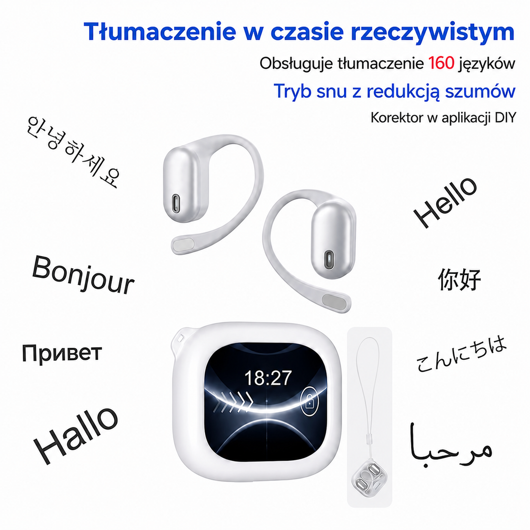 Słuchawki bezprzewodowe z tłumaczem AI i etui z ekranem LCD