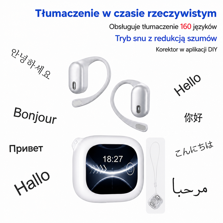 Słuchawki bezprzewodowe z tłumaczem AI i etui z ekranem LCD