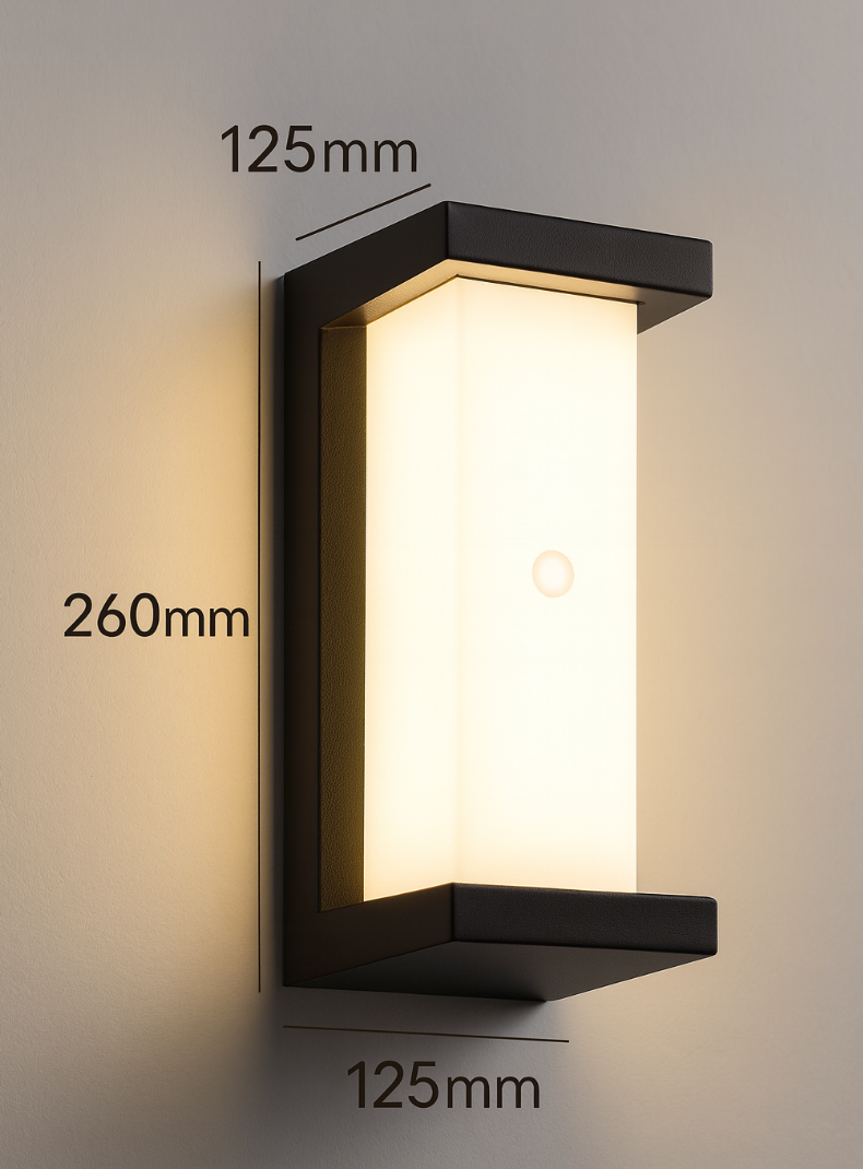 Zewnętrzna lampa ścienna LED z opalowym dyfuzorem i metalową ramą