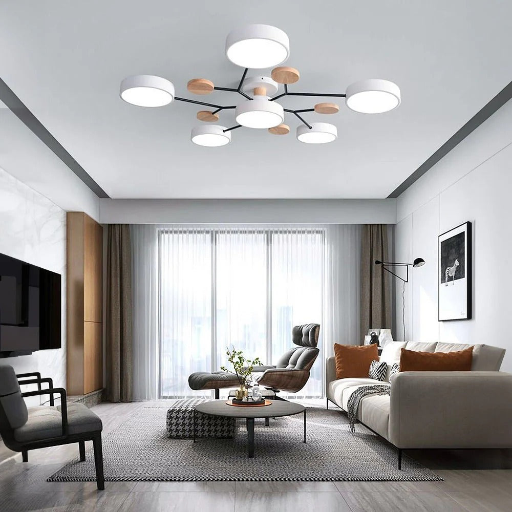 Lampa sufitowa LED rozgałęziona z drewnem do salonu i jadalni