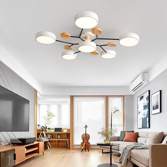 Lampa sufitowa LED do salonu i sypialni – gałęziowa, drewno i metal, styl skandynawski
