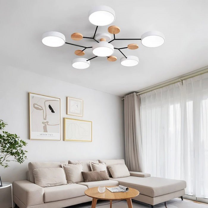 Lampa sufitowa LED do salonu i sypialni – gałęziowa, drewno i metal, styl skandynawski